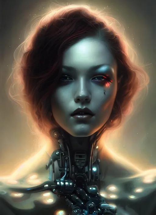 Image similar to a hauntingly beautiful cybernetic woman, painted by artgerm and tom bagshaw, fantasy art, dramatic lighting, highly detailed oil painting