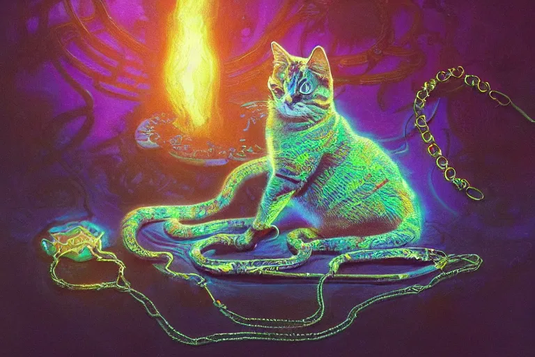 Image similar to psychedelic cat with trinket necklace, epic angle and pose, reflective pool, symmetrical artwork, ayahuasca, translucent, fungus, energy flows of water and fire, highly detailed, epic cinematic concept art, excellent composition, dystopian brutalist atmosphere, dynamic dramatic lighting, aesthetic, very inspirational, arthouse, Greg Rutkowski, Artgerm