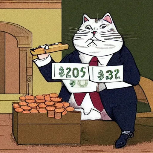 Image similar to a fat cat smoking a cigar whilst counting his money