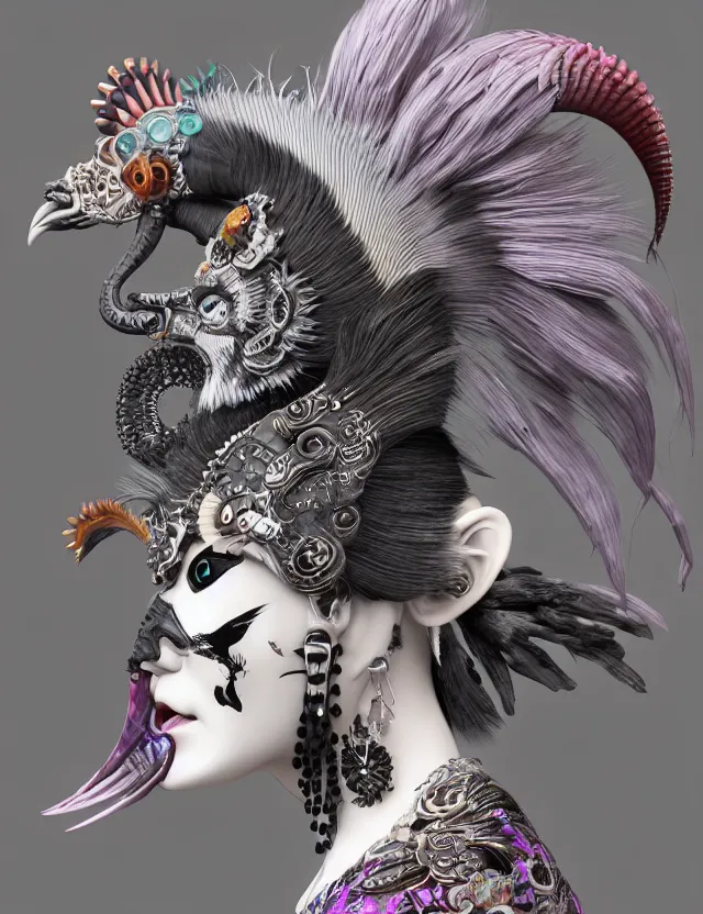 Image similar to 3 d goddess close - up profile portrait punk with mohawk with ram skull. beautiful intricately detailed japanese crow kitsune mask and clasical japanese kimono. betta fish, jellyfish phoenix, bio luminescent, plasma, ice, water, wind, creature, artwork by tooth wu and wlop and beeple and greg rutkowski