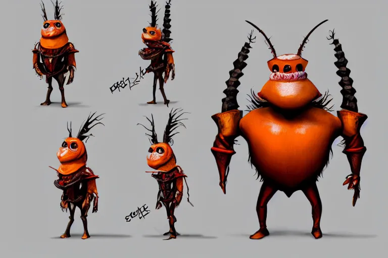 Prompt: cockroach character, securityguard, in the style of warhammer fantasy : : head torso legs : : lorax movie : : nightmare before christmas : : artstation