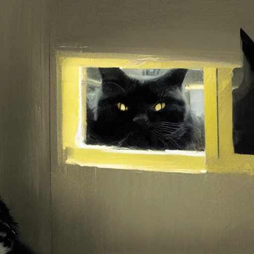 Image similar to a giant black cat with yellow eyes looking through a window at a sleeping blonde girl, detailed, Greg Rutkowski