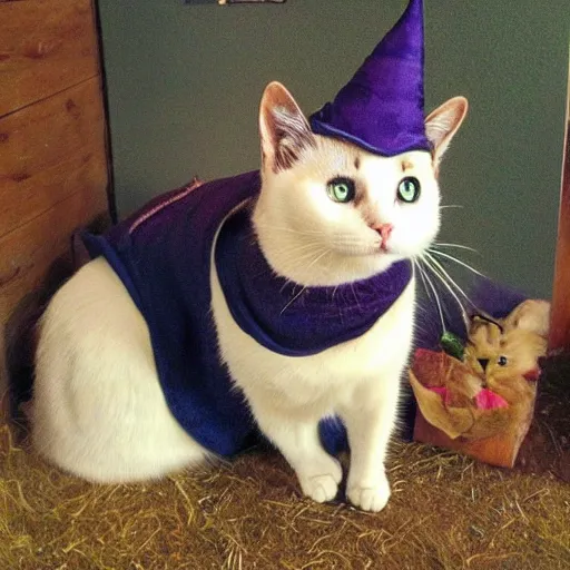 Image similar to beautiful cat with a wizard hat in the shire