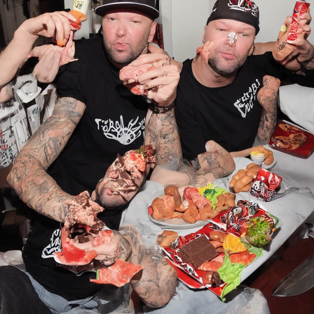 Image similar to Fred Durst eating a chocolate starfish and drinking hotdog flavoured water