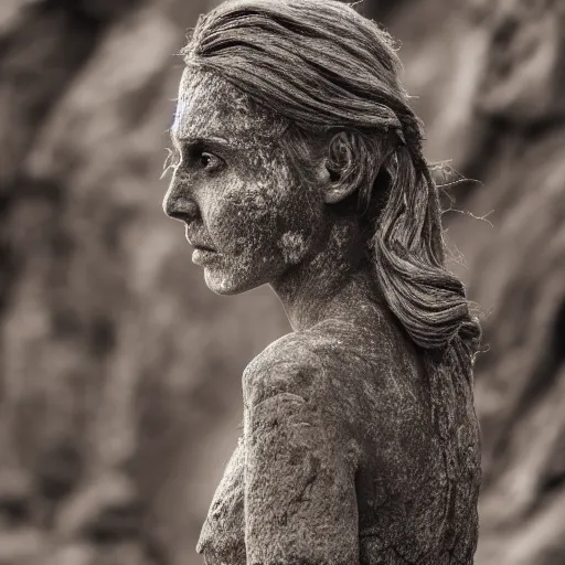 Image similar to beautiful stone woman, lava flowing, exotic trees, bare bark, dark eyes, low angle mist, high octane, frostbite, 8 k, cinematic, 3 5 mm,