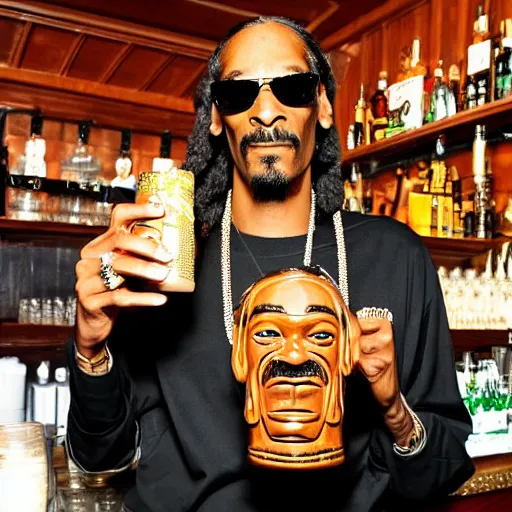 Prompt: snoop dogg at trader vic's bar holding a tiki mug with his face on it