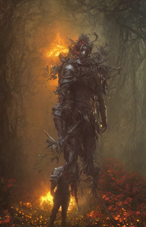 Image similar to a knight among flowers in dark forest surrounded by fire and smoke, moody, rim light, dynamic lighting, cinematic shot, gritty, ultra - detail, renderman, physically based render, jean delville, gustave dore and marco mazzoni