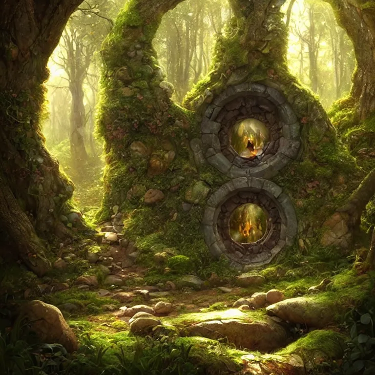 Image similar to Fantasy Magical fairy-tale stone portal in the forest. Round stone portal teleport in trees to other worlds. Fantastic landscape. Magic Altar in the fores, highly detailed, digital painting, artstation, concept art, smooth, sharp focus, illustration, art by artgerm and greg rutkowski and alphonse mucha