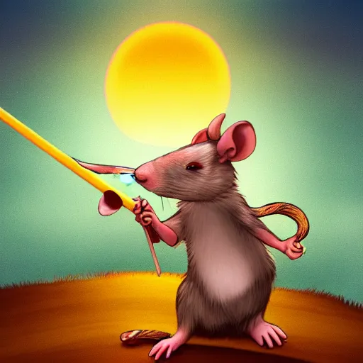 Image similar to anthropomorphic Rat with a filigran golden diadem that has a red feather sticking out from it, in an action pose, with epee in hand, sunset lighting, trending on Artstation