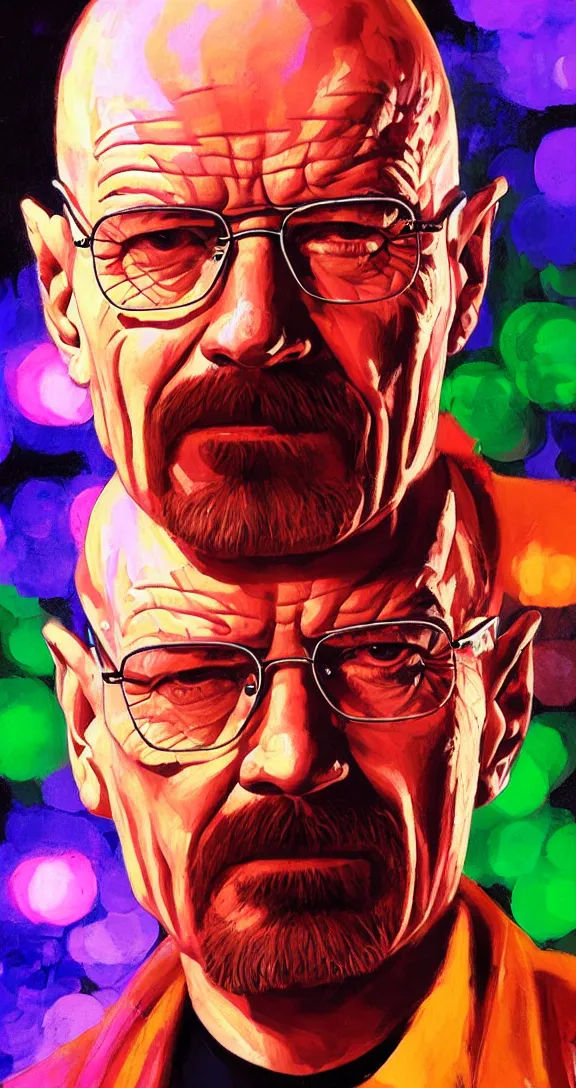 Image similar to a highly detailed beautiful portrait of walter white, neon lights, by gregory manchess, james gurney, james jean