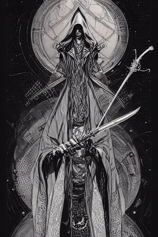 Prompt: side view of a cloaked ancient alchemist steampunk wizard holding a wand, high details, lineart, by vincent di fate and joe fenton,, inking, screen print, masterpiece, trending on artstation, sharp, high contrast, hyper - detailed, hd, 4 k, 8 k