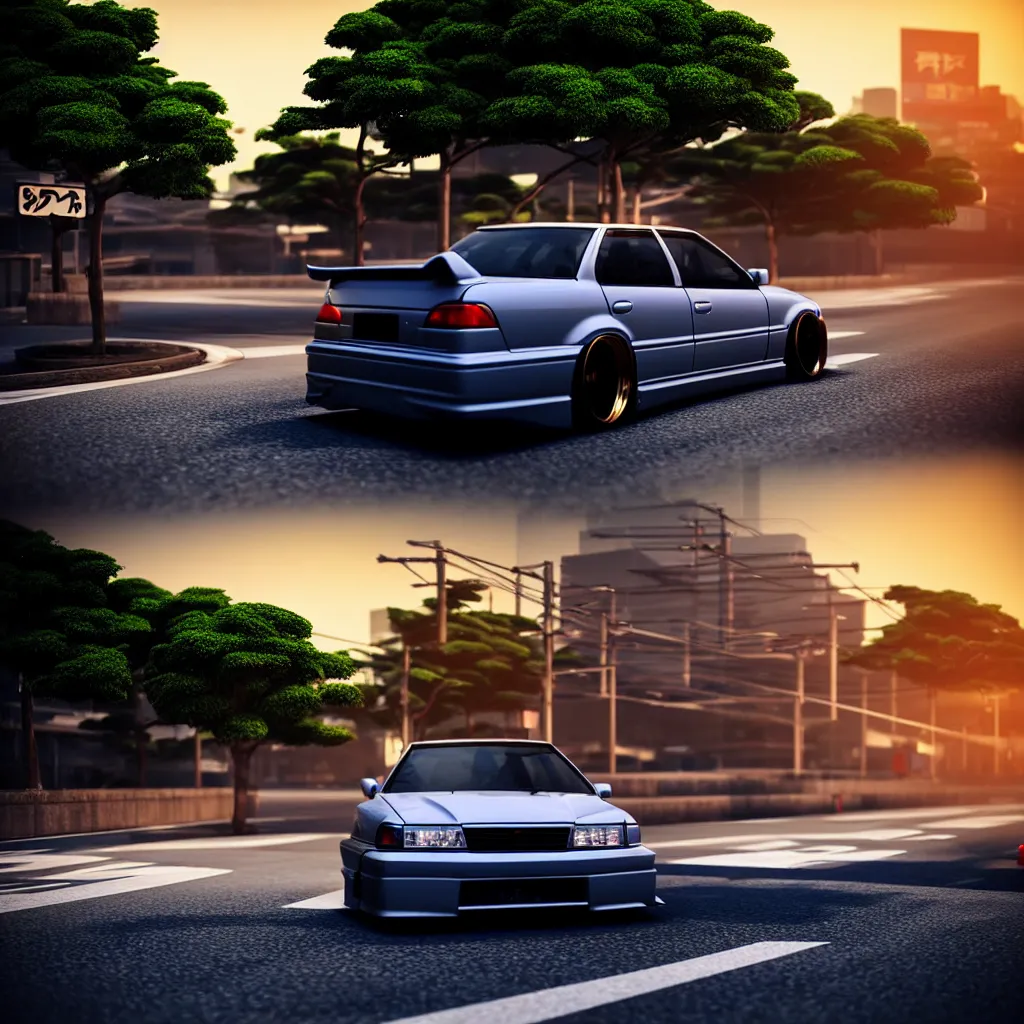 Image similar to a single car JZX100 twin turbo drift in the road, Tokyo prefecture, Japanese architecture, city sunset mist lights, cinematic lighting, photorealistic, detailed alloy wheels, highly detailed