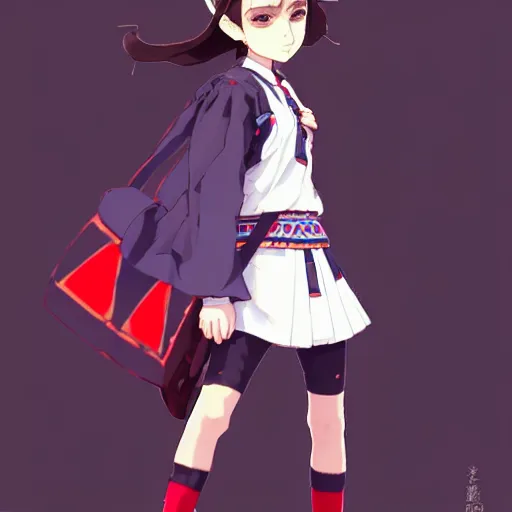 Image similar to a beautiful! boyish! natalie portman model, wearing catholic school girl outfit with mayan pattern and native style, jrpg aztec street fashion, gapmoe yandere grimdark, trending on pixiv fanbox, painted by greg rutkowski makoto shinkai takashi takeuchi studio ghibli, akihiko yoshida