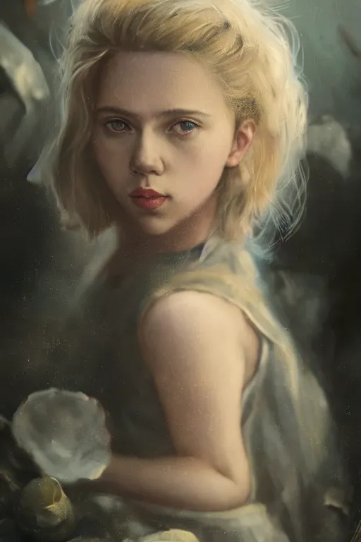 Image similar to a fancy portrait of a young Scarlett Johansson as a child by Greg Rutkowski, Sung Choi, Mitchell Mohrhauser, Maciej Kuciara, Johnson Ting, Maxim Verehin, Peter Konig, Bloodborne, macro lens, 35mm, 8k photorealistic, cinematic lighting, HD, high details, atmospheric,