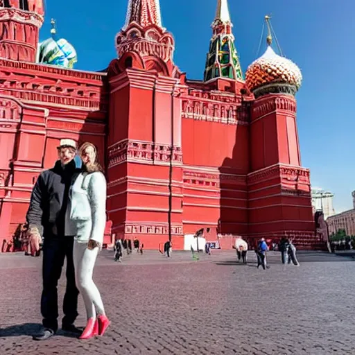Prompt: a man and a woman standing on the red place of moscow