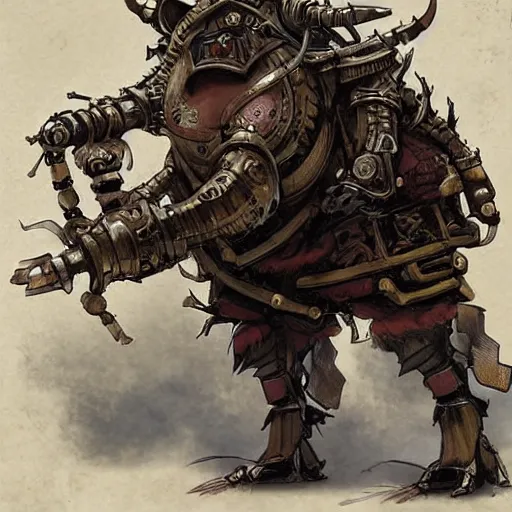 Image similar to portrait of a rampaging ashigaru steampunk - inspired mecha boar, fantasy dungeons and dragons magic the gathering art, of bamboo, laquer and steel by brian froud and greg rutkowski