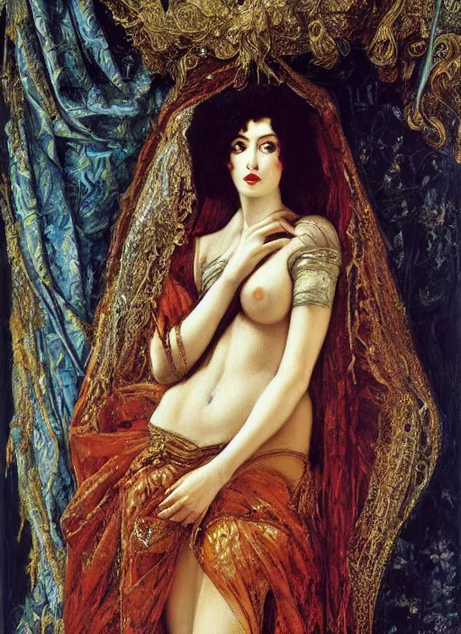 Image similar to oil painting of Queen Vulvine, Hungarian, curly dark hair, fair skin, veil by Georgia o Keeffe, by Marcel Jankowicz, by Botticelli, by Gustave Moreau, concept art, master