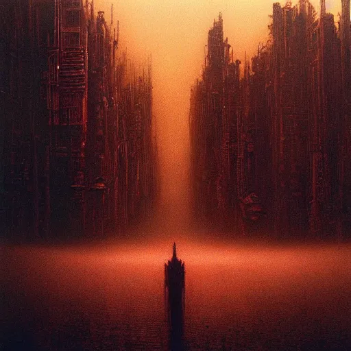 Prompt: giant dystopian cyberpunk city, stretching very far, apocalyptic, beksinski art style