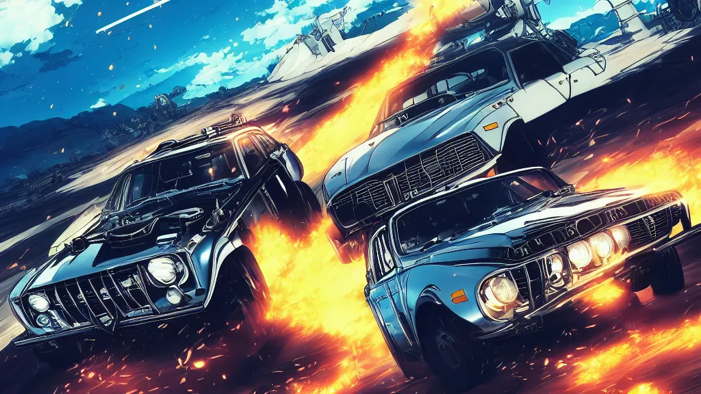 Image similar to anime illustration of mad max's fj 4 0 pursuit special, the last v 8 interceptor driving down to the gates of valhalla highway, riding fury road eternal shiny and chrome, world of fire and blood, by makoto shinkai, ilya kuvshinov, lois van baarle, rossdraws, basquiat, global illumination ray tracing hdr