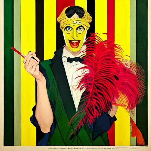 Prompt: art by joshua middleton, a medium shot portrait of the golden creeper, a tall manically smiling yellow - skinned man with green and black striped cycling shorts and wearing a long red and black striped ostrich feather boa, yellow makeup, mucha, kandinsky, poster, art deco motifs, comic art, stylised design, scarlet feather boa