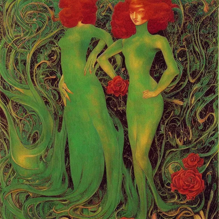 Image similar to !!!dream brunette woman standing in a green dress on a gold background, with black roses and red lips Anton Pic, Jean Delville, Amano, Yves Tanguy, Ernst Heckel, Edward Robert Hughes, Stanislaw Szukalski and Roger Dean photorealism