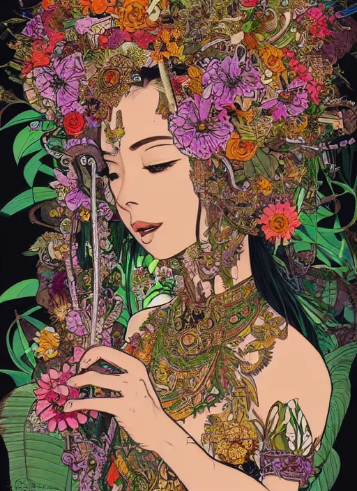 Image similar to !!! very coherent!!! beautiful floralpunk balinese cyborg portrait girl female illustration detailed patterns art of bali traditional dress, flower pop art, floral splash painting, art by geof darrow, ashley wood, alphonse mucha, makoto shinkai, dark shadow