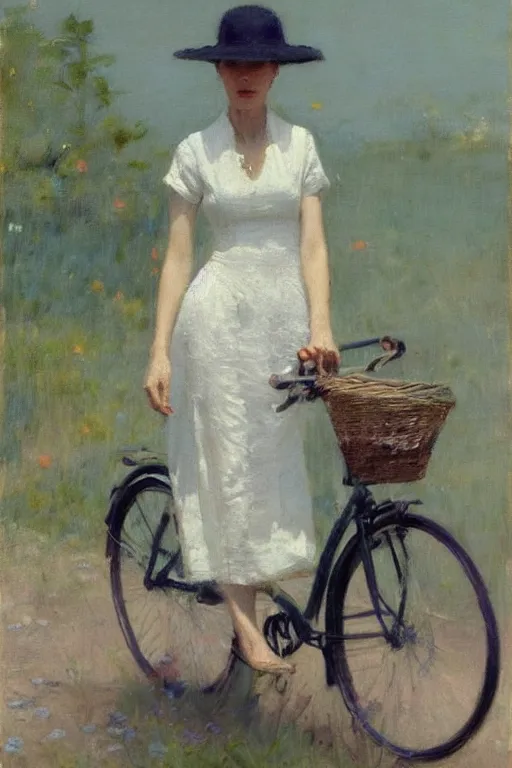 Prompt: “ woman on bicycle, summerdress, hat, jeremy lipking, joseph todorovitch ”