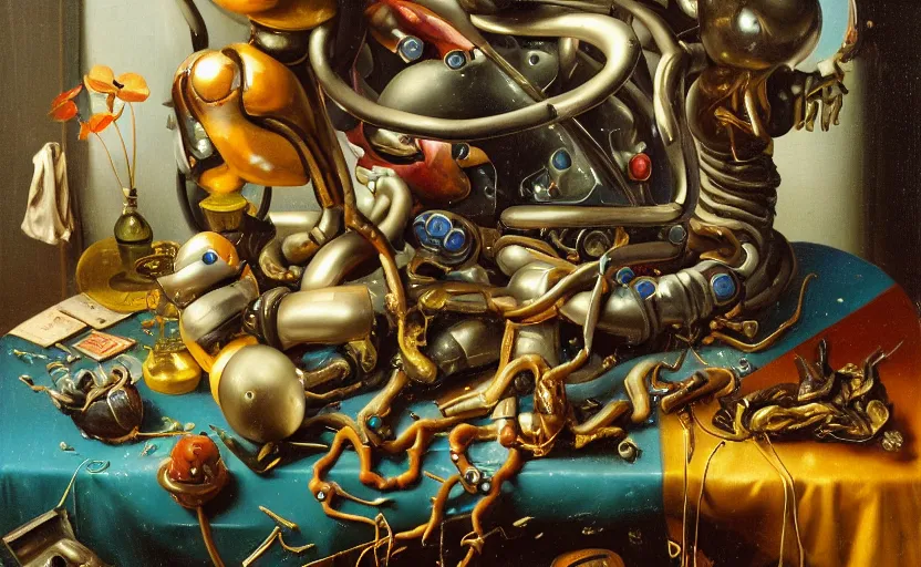 Image similar to strange seductive futuristic robot body, enticing colorful oil painting dutch golden age vanitas alluring still life sparse composition with bulbous objects strange gooey transparent surfaces shiny torrid metal reflections bizarre mutant meat insects rachel ruysch dali todd schorr very detailed perfect composition rule of thirds masterpiece canon 5 0 mm, cinematic lighting, photography, retro, film, kodachrome