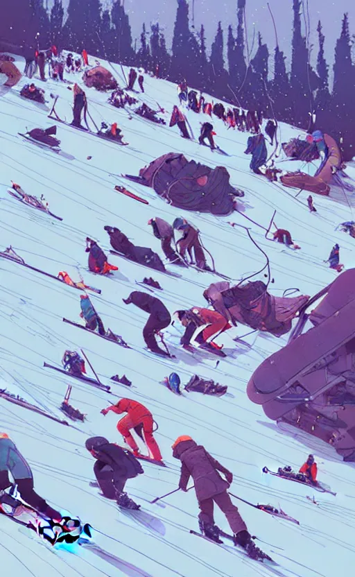 Image similar to by moebius and atey ghailan | the bottom of a ski slope with a huge pile of tangled up skiers |