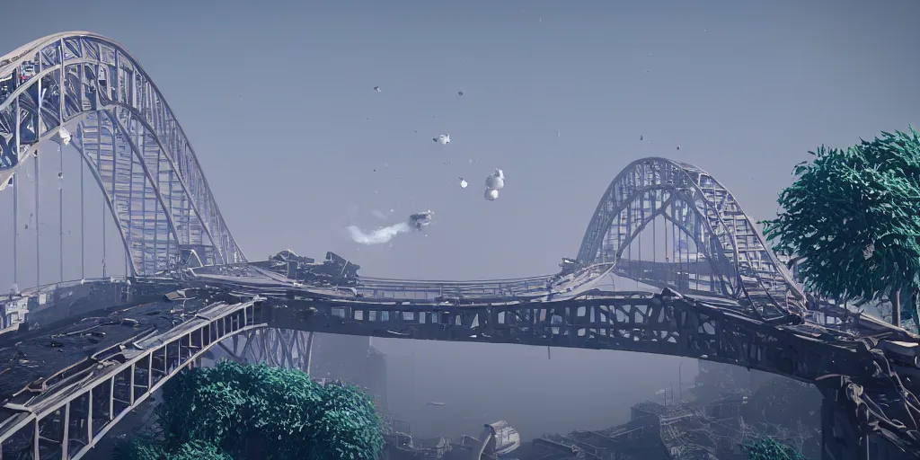 Image similar to a big harbour bridge collapses after explosions in the form of white cotton plants, 3 d octane render, epic lighting, 8 k, by goro fujita