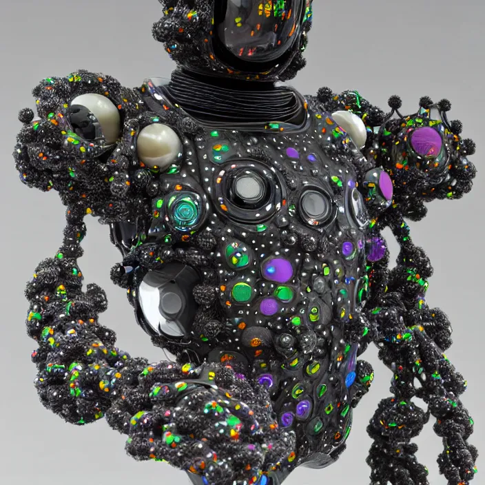 Image similar to a cybernetic symbiosis of a single astronaut mech-organic eva suit made of pearlescent wearing anodized thread knitted shiny ceramic multi colored yarn thread infected with kevlar,ferrofluid drips,carbon fiber,ceramic cracks,gaseous blob materials and diamond 3d fractal lace iridescent bubble 3d skin dotted covered with orb stalks of insectoid compound eye camera lenses orbs floats through the living room, film still from the movie directed by Denis Villeneuve with art direction by Salvador Dalí, wide lens,