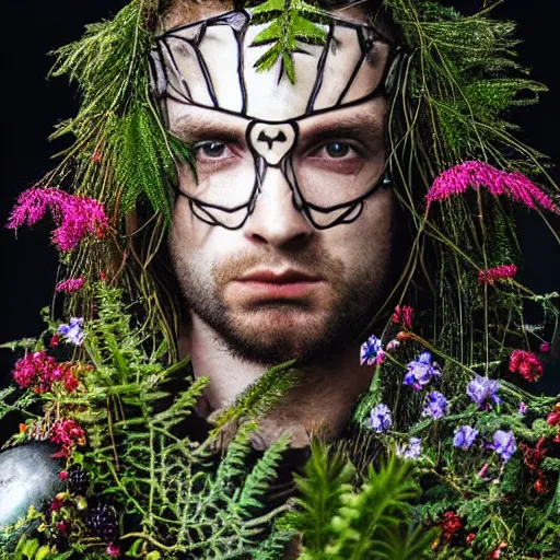 Prompt: a male knight, stern face, clear eyes, in a dark forest, shining armour made of steel and flowers, and fractal flowery hair in a fractal garden, glowing delicate flower, berries and ferns that grow in a dark fantasy forest, clear face, peaceful face, half figure shot,