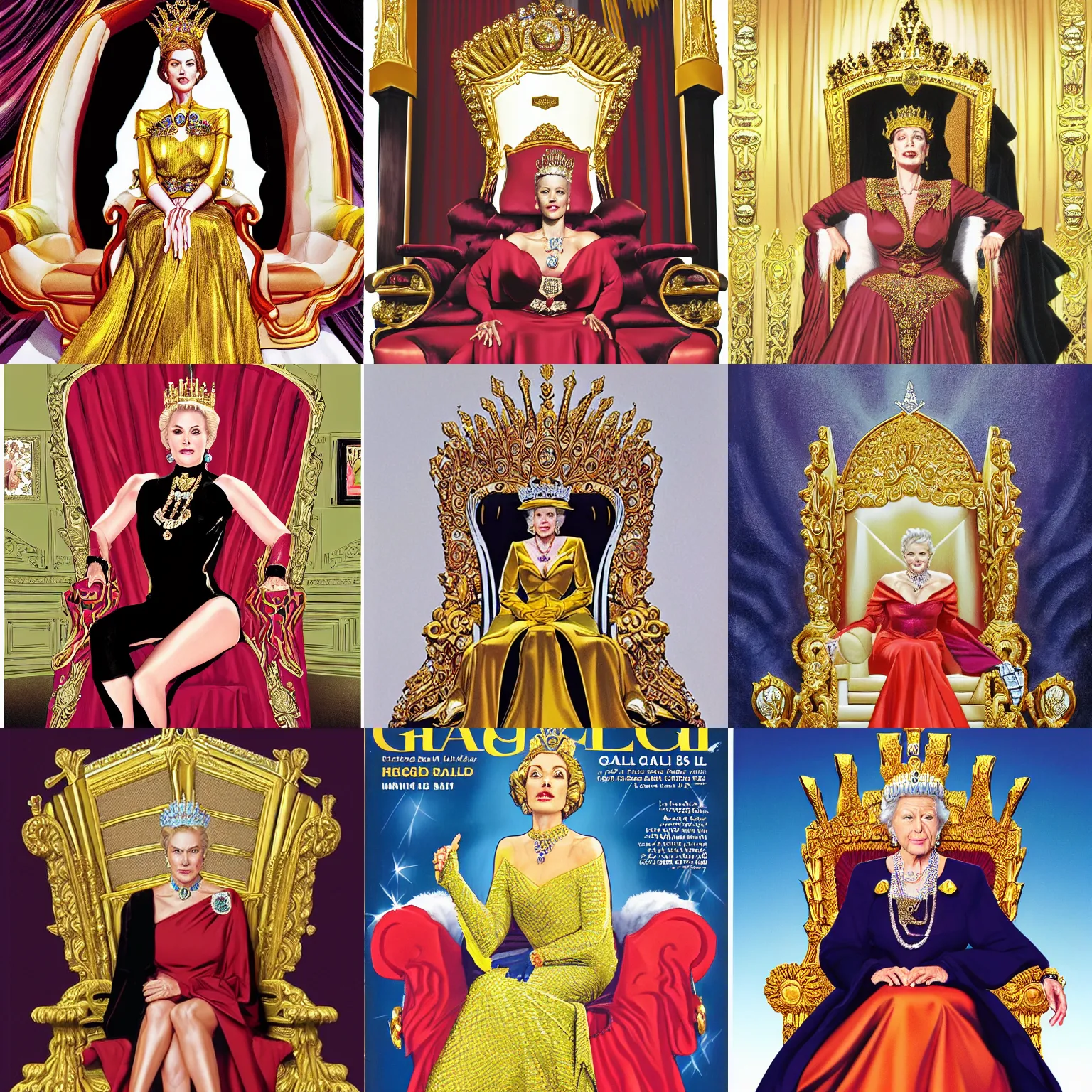 Prompt: regal gal godot sitting on queens throne royalty wearing royal mantle gold jewelry by alex ross