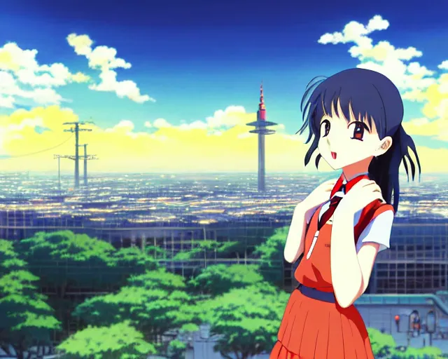 Image similar to anime fine details portrait of joyful school girl and big robot, city landscape on the background deep bokeh, profile close-up view, anime masterpiece by Studio Ghibli. 8k, sharp high quality anime