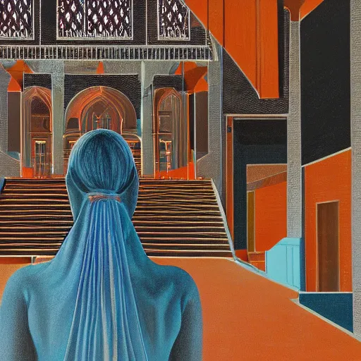 Image similar to detailed portrait of a beautiful woman, courtyard, capital, mosque interior, reflections, control panel, watcher, omniscient, covered walkway, obsidian, orange teal gray black, tech noire, few neon signs, surreal oil on canvas