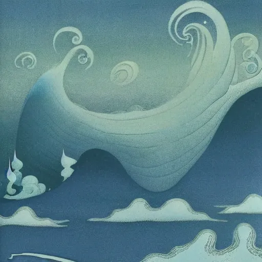 Prompt: the foam of perilous seas, in Faerie lands forlorn, illustration by Kay Nielsen and Eyvind Earle, 4k, aesthetic