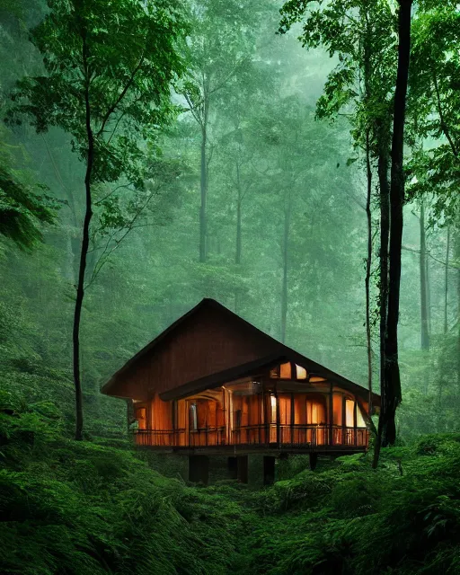 Image similar to an exquisite wooden house in the middle of a lush forest, visible through the lush overgrowth, architectural photography, dark and dim lighting, beautiful, tranquil, moody, cinematic, fantasy, 3 5 mm lens, volumetric lighting, first person view, photographic render, hyper realistic