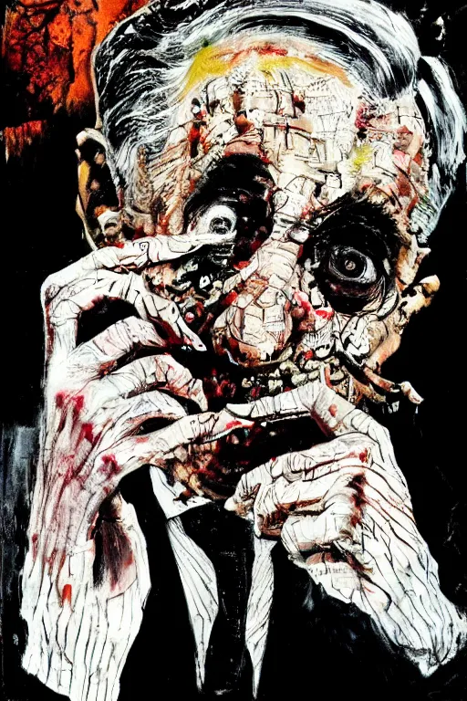 Image similar to George Soros full body shot, dollar bills Body horror, biopunk, by Ralph Steadman, Francis Bacon, Hunter S Thompson