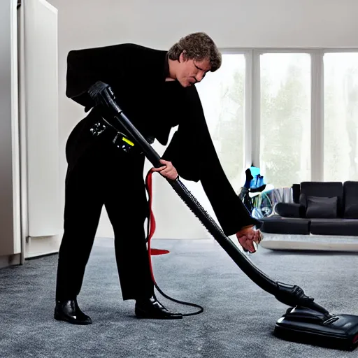 Image similar to a photo of darth vader vacuuming the carpet