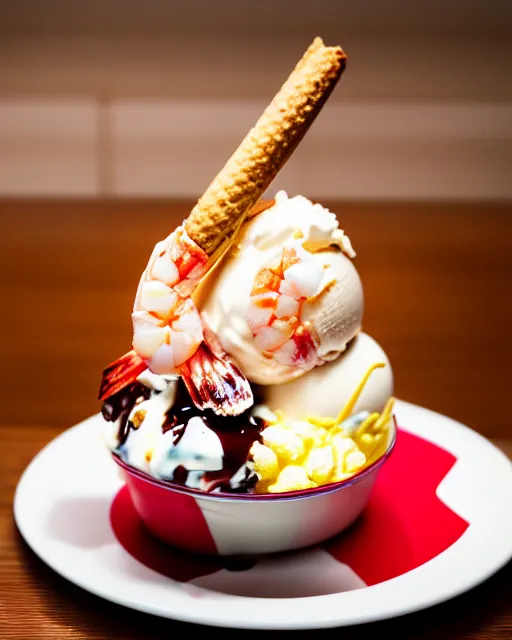 Image similar to dslr food photograph of an ice cream sundae with shrimps on. 8 5 mm f 1. 4