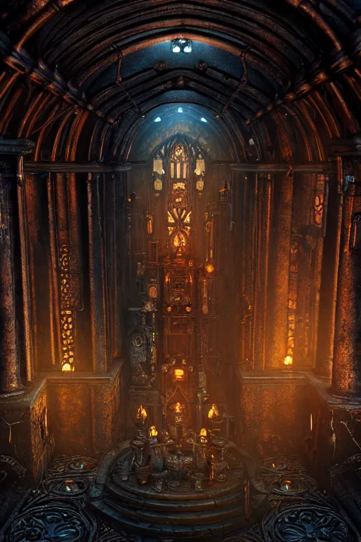 Prompt: steam necropolis, memento mori, gothic, neo - gothic, art nouveau, hyperdetailed copper patina medieval icon, stefan morrell, philippe druillet, ralph mcquarrie, concept art, steampunk, unreal engine, detailed intricate environment, octane render, moody atmospherics, volumetric lighting, ultrasharp