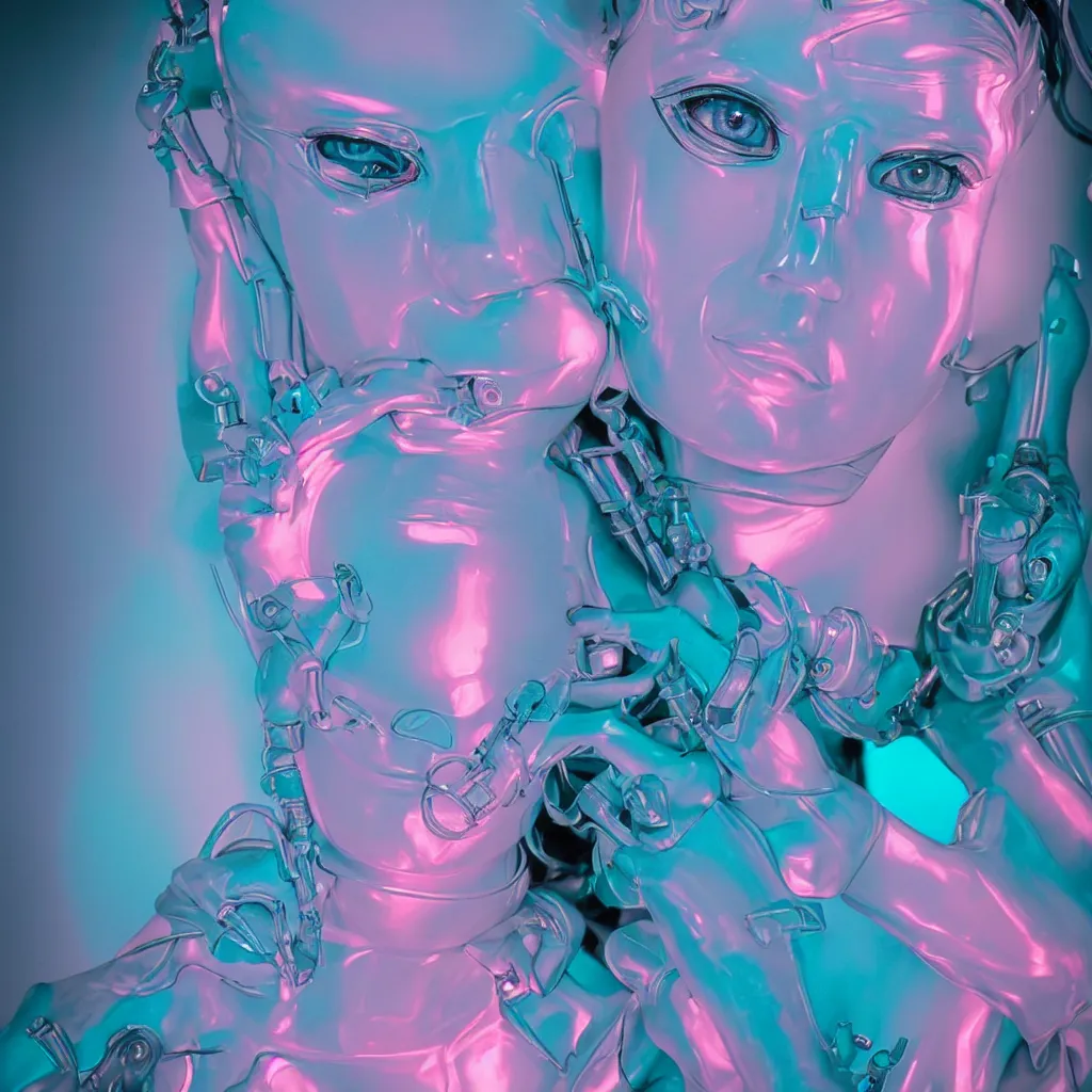 Image similar to high quality photo of rococo cyborg woman with pearlescent blue skin key sage wayne barlowe very soft pink neon lighting on one side wide angle 35mm shallow depth of field 8k