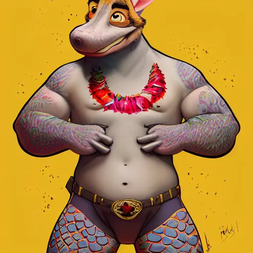 Image similar to in the style of artgerm, loish, anthropomorphic alligator, red scales on his back, yellow scale on his belly and chest, male, waring a hawaiian shirt, in the style of zootopia