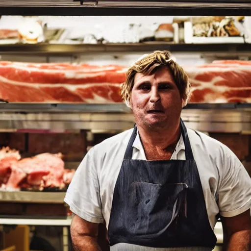 Image similar to big butcher man posing scarily, earie setting, in a butcher shop, horror, hyperdetailed