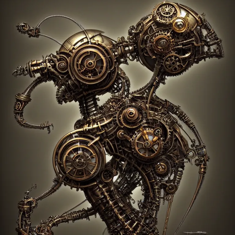 Image similar to steampunk cybernetic biomechanical ant, 3 d model, unreal engine realistic render, 8 k, micro detail, intricate, elegant, highly detailed, centered, digital painting, artstation, smooth, sharp focus, illustration, artgerm, tomasz alen kopera, wlop