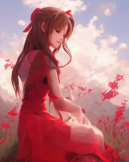 Prompt: aerith gainsborough in red cottagecore dress, portrait, illustration, rim light, top light, perfectly shaded, spring time, slight overcast lighting, soft painting, art by krenz cushart and wenjun lin