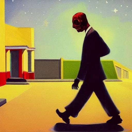 Image similar to a painting of a man walking down a lonely street on another planet and the sky is covered in stars, the head of the man is a skull, he is wearing a suit, in the style of edward hopper, 4 k,