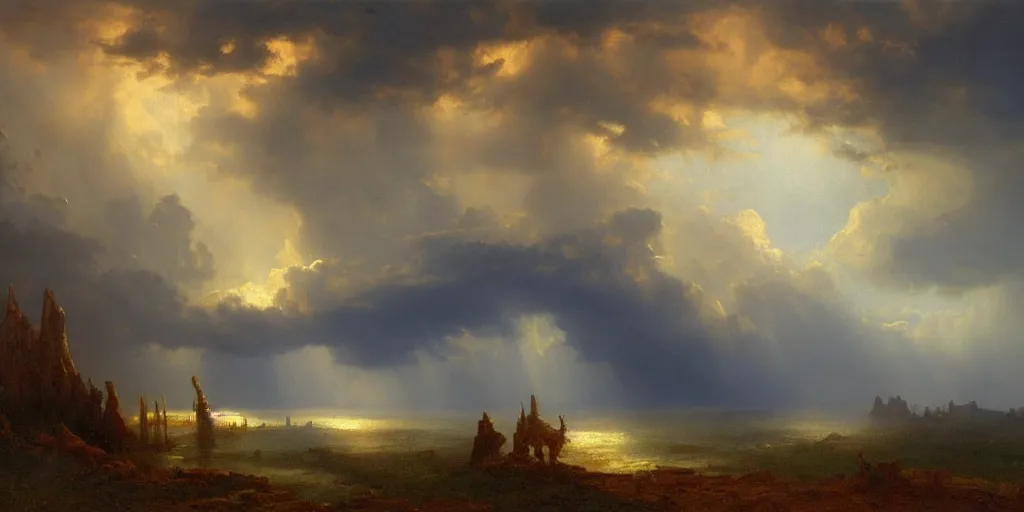 Image similar to a beautiful painting of epic skycape with thunder clouds and storm over a moody landscape by albert bierstadt and joseph zbukvic, moody color scheme, high detail, trending on artstation, orange - 1 0, yellow - 1 0