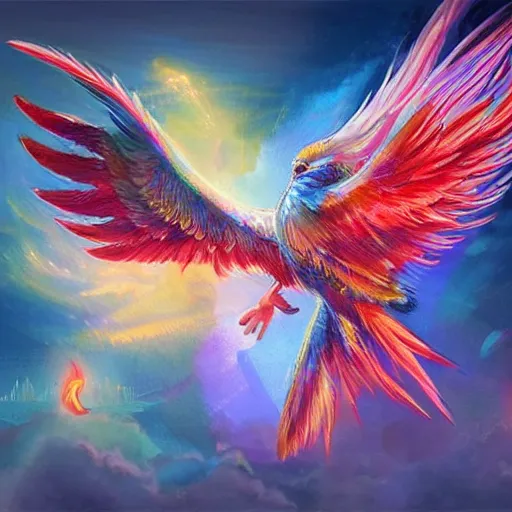 Image similar to cute flying chinese phoenix, sparkling bird eyes, embers surrounding her wings, shining rainbow feathers, smooth features, feathers on fire, highly detailed, digital painting, artstation, concept art, smooth, soft focus, beautiful rainbow colors, illustration, chinese phoenix art by Artgerm and greg rutkowski