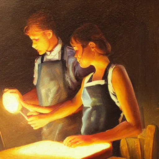 Image similar to oil painting of one young man and one young woman baking waffles in romantic light